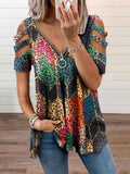 Women's Vintage Leopard Print V-neck Cold Shoulder T-shirt