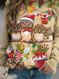 Women's Christmas Owl Crew Neck Plaid Casual Sweatshirt