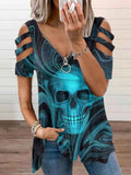 Women's Punk Skull Print V-neck Cold Shoulder T-shirt