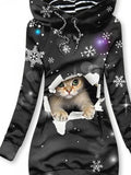 Women's Winter Christmas Cat Print Casual Sports Hooded Sweatshirt Dress