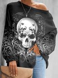 Women's Skull Printed One-Shoulder Long Sleeves Casual Blouses