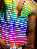 Men's Rainbow Stripe Print Sleeveless Button-Up Vest Shirt