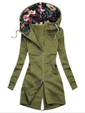 Women's Hooded Floral Printing Zipper Long Sleeve Pocket Sweater Coat