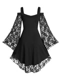 Women's One Line Neck, Shoulder Straps, Lace Flared Sleeves, Medium Length Dress