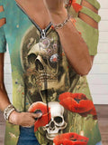 Women's Retro Punk Skull Print Casual V Neck Off Shoulder T-Shirt