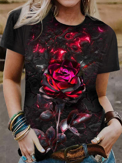 Punk Ember Rose Design Print Casual T-Shirt