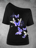 Women's Butterfly Slanted Shoulder Short Sleeve