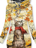 Women's Vintage Maple Leaf Cat Art Print Casual Sweatshirt