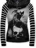 Women's Retro Punk Black Cat Skull Demon Casual Stripe Hooded Sweatjacken