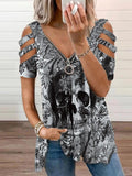 Women's Retro Punk Skull Print Casual V-Neck Off-Shoulder T-Shirt