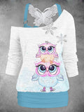 Women's Owl Butterfly Lace Art Design Two Piece Suit Top