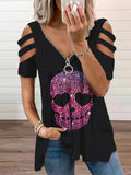 Women's Retro Punk Skull Print Casual V Neck Off Shoulder T-Shirt