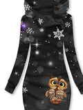 Women's Winter Christmas Owl Print Casual Sports Hooded Dress