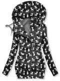 Women's Cat Silhouette Printed Hooded Sweatjacke