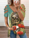 Women's Retro Punk Skull Print Casual V Neck Off Shoulder T-Shirt