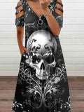 Women's Punk Skull Art Printed Sexy V-neck Short Sleeve Dress