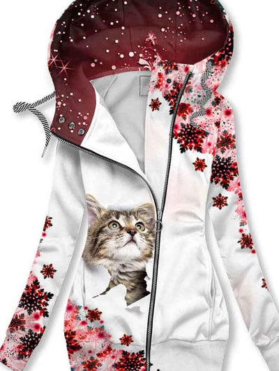 Women's Christmas Snowflake Cat Printed Hooded Sweatjacke