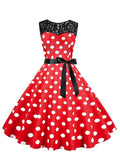 Women's Vintage Polka Dot Sleeveless Lace Panel Fashion Print Party Swing Dress