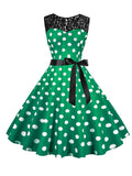 Women's Vintage Polka Dot Sleeveless Lace Panel Fashion Print Party Swing Dress