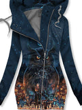 Women's Winter Owl Art Print Casual Track Jacket