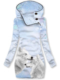 Women's Winter Wolf Print Casual Sports Hooded Dress