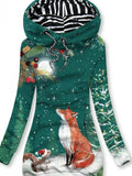 Women's Winter Christmas Fox Print Casual Hoodie