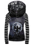 Women's Retro Punk Skull Cat Demon Art Casual Stripe Hooded Sweatjacken