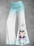 Women's Owl Wide Leg Pants Cinched Foldover Elastic Waist Long Relaxed Pants