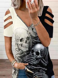 Women's Punk Skull Print V-neck Cold Shoulder T-shirt