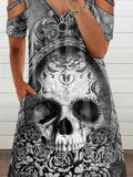 Women's Punk Skull Art Printed Sexy V-neck Short Sleeve Dress