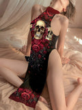 Women's Rose Skull Sexy Lingerie High Slit Long Dress Cheongsam