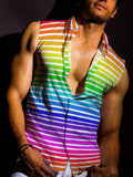 Men's Rainbow Stripe Print Sleeveless Button-Up Vest Shirt