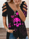 Women's Retro Punk Skull Print Casual V-Neck Off-Shoulder T-Shirt