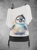 Women's Penguin Art Printing Dolman Sleeve Casual Two Piece Suit Top