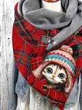 Christmas Cat Crew Neck Plaid Casual Scarf and Shawl