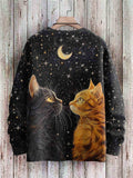 Vintage Cute Cat Art Print Casual Knit Pullover Sweater