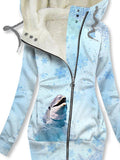 Women's Winter Dolphin Print Casual Fleece Track Jacket