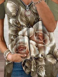 Women's Vintage Flower Print V-neck Cold Shoulder T-shirt