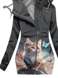 Women's Winter Cat Print Casual Hooded Track Jacket