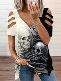 Women's Punk Skull Print V-neck Cold Shoulder T-shirt