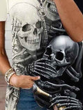 Women's Punk Skull Print V-neck Cold Shoulder T-shirt