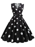 Women's V-neck Sleeveless Polka Dot Lace Up Waist Retro Swing Dress