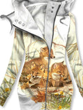 Women's Winter Fox Art Print Casual Track Jacket