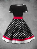 Women's 1950s Polka-dot Belted Patchwork Dress