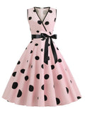 Women's V-neck Sleeveless Polka Dot Lace Up Waist Retro Swing Dress