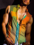 Men's Rainbow Stripe Print Sleeveless Button-Up Vest Shirt