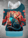 Women's Cat Art Casual Butterfly Vest Two Piece Suit Top