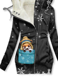 Women's Winter Fox Art Print Casual Fleece Track Jacket