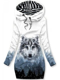 Women's Winter Wolf Print Casual Sports Hooded Sweatshirt Dress