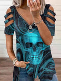 Women's Punk Skull Print V-neck Cold Shoulder T-shirt